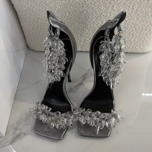 Versace Silver Heels with Crystal Embellishments